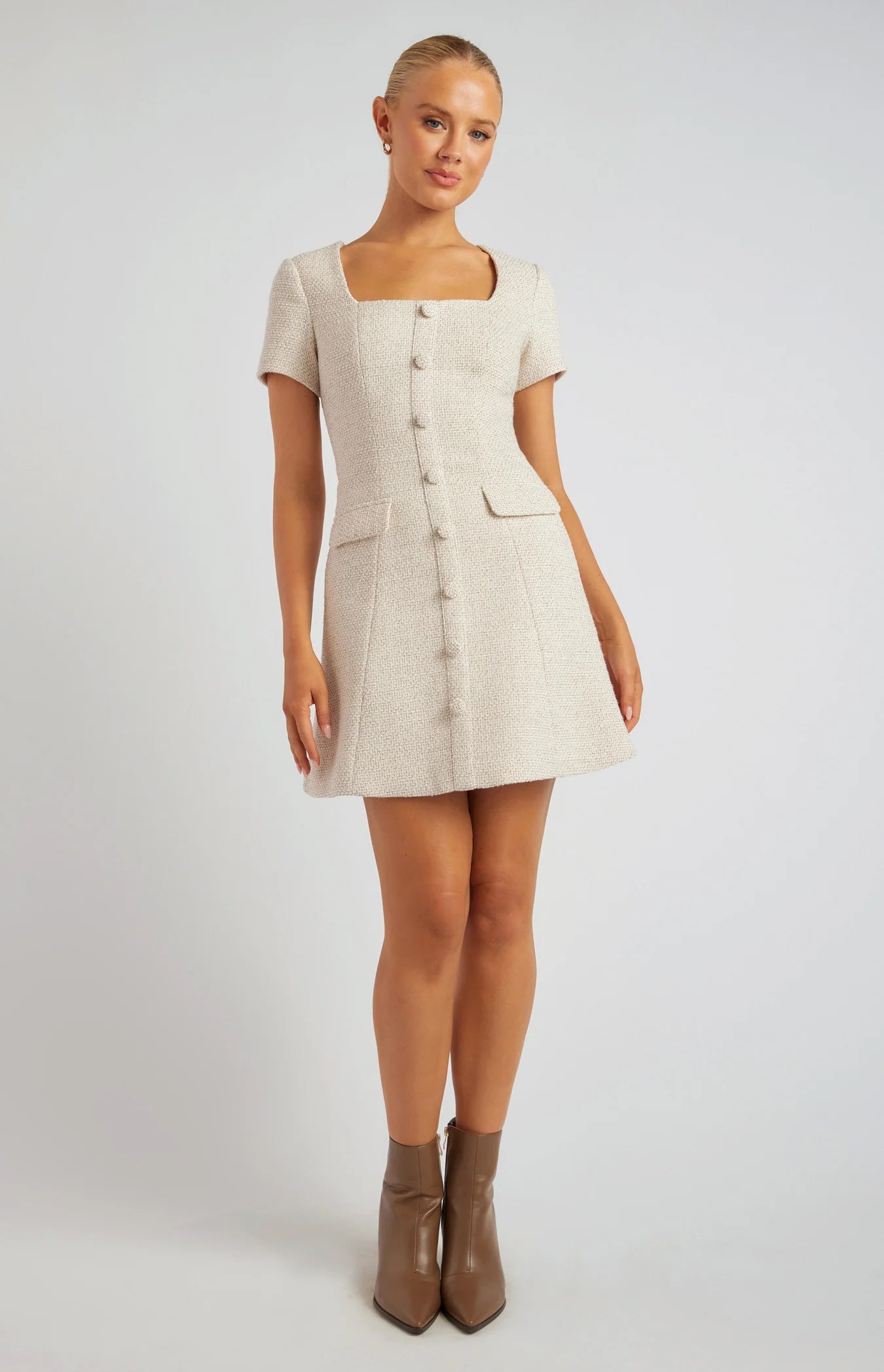 SOPHIA TWEED DRESS-WHITE/BROWN MARL