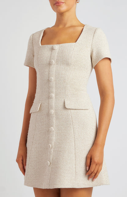 SOPHIA TWEED DRESS-WHITE/BROWN MARL
